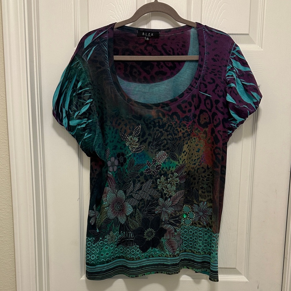 B.L.E.U. Teal and Purple Floral Tee